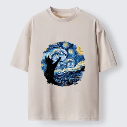 Tokyo-Tiger Starry Night Black Cat Washed T-Shirt