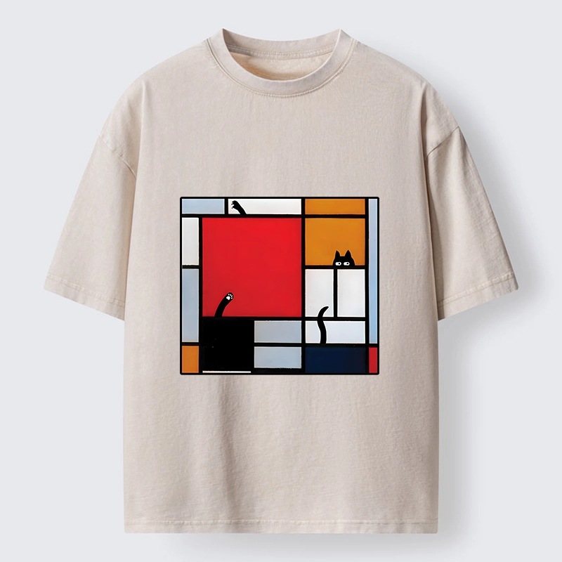 Tokyo-Tiger Geometric Cat Hide And Seek Washed T-Shirt