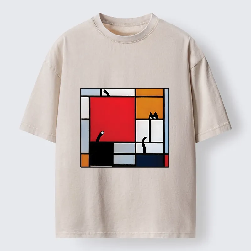 Tokyo-Tiger Geometric Cat Hide And Seek Washed T-Shirt Sale