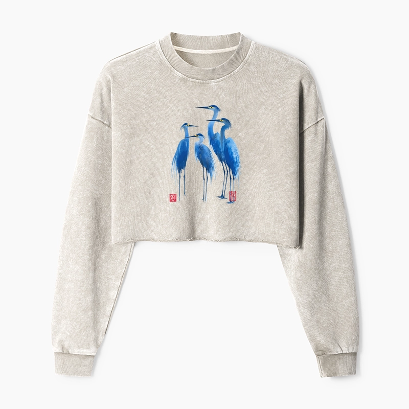 Tokyo-Tiger Flocks Of Great Blue Herons Washed Crop Sweatshirt