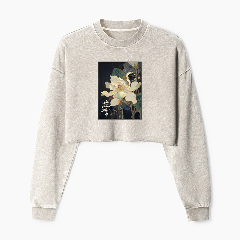 Tokyo-Tiger Lotus Adorned With Golden Specks Washed Crop Sweatshirt