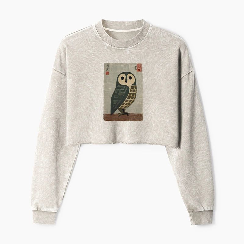 Tokyo-Tiger Traditional Owl In Japanese Art Washed Crop Sweatshirt