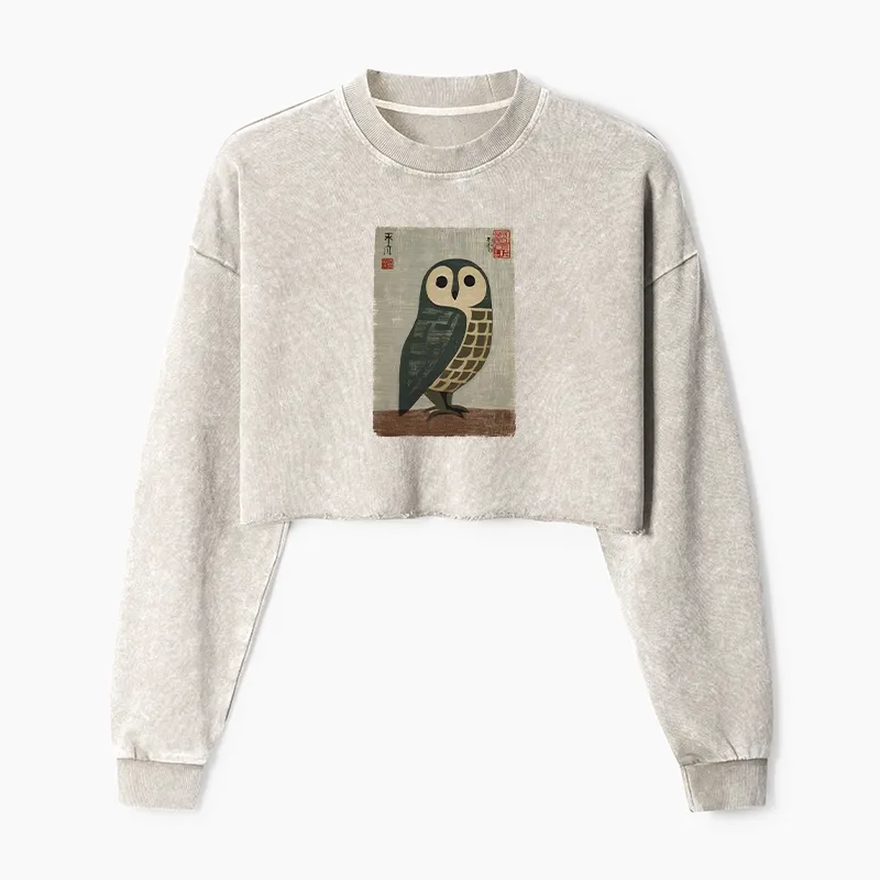 Tokyo-Tiger Traditional Owl In Japanese Art Washed Crop Sweatshirt Sale