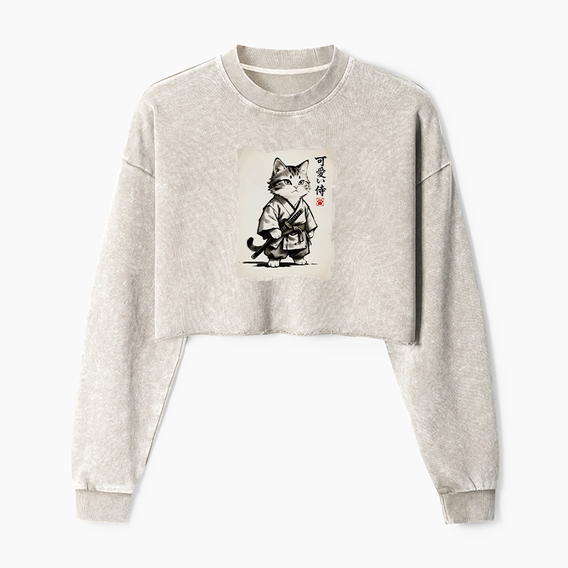 Tokyo-Tiger Japanese Samurai Cat Illustration Washed Crop Sweatshirt
