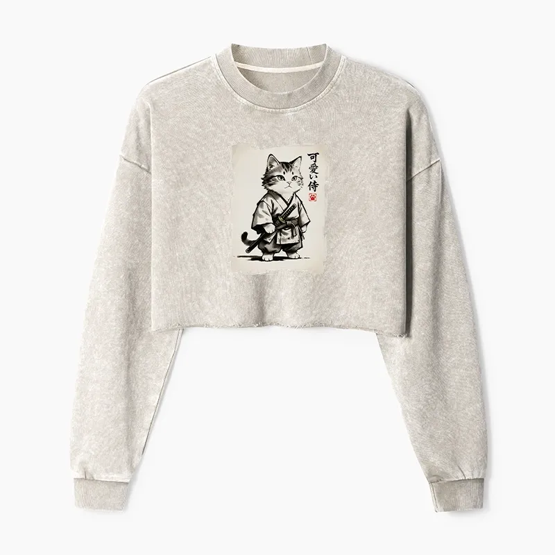 Tokyo-Tiger Japanese Samurai Cat Illustration Washed Crop Sweatshirt Sale