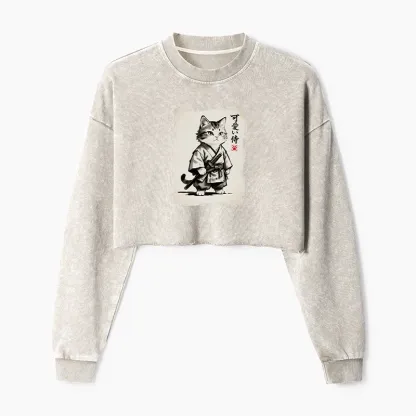 Tokyo-Tiger Japanese Samurai Cat Illustration Washed Crop Sweatshirt