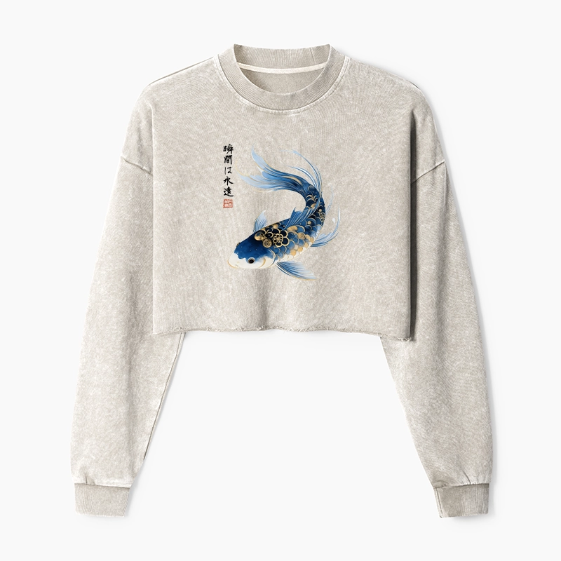 Tokyo-Tiger Elegant Koi Fish Watercolor Art Washed Crop Sweatshirt