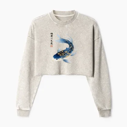 Tokyo-Tiger Elegant Koi Fish Watercolor Art Washed Crop Sweatshirt