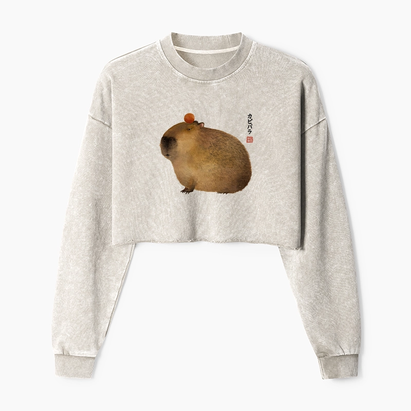 Tokyo-Tiger Calm Capybara Illustration Washed Crop Sweatshirt