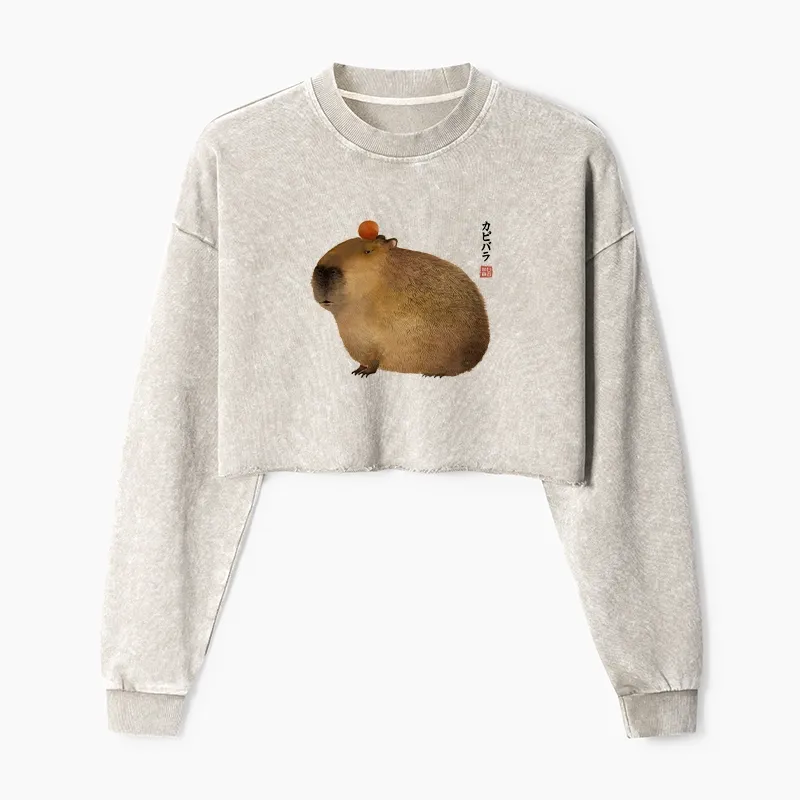 Tokyo-Tiger Calm Capybara Illustration Washed Crop Sweatshirt Sale