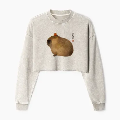 Tokyo-Tiger Calm Capybara Illustration Washed Crop Sweatshirt