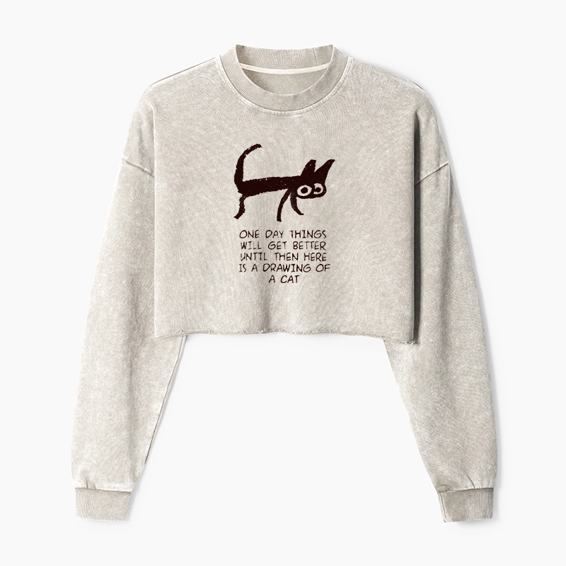 Tokyo-Tiger Cat Cheer Up Drawing Washed Crop Sweatshirt