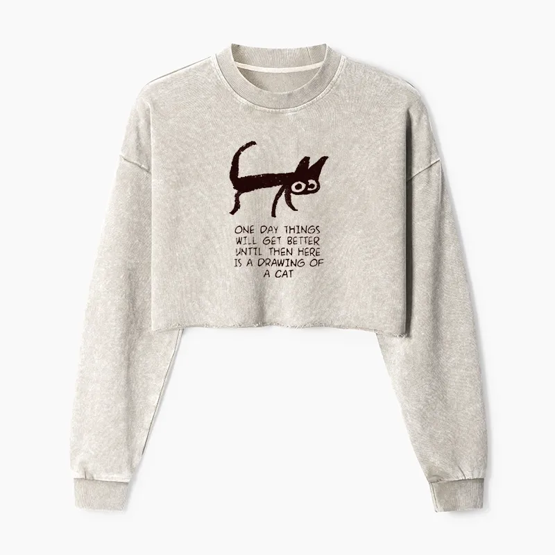 Tokyo-Tiger Cat Cheer Up Drawing Washed Crop Sweatshirt Sale