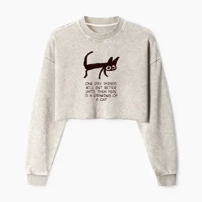 Tokyo-Tiger Cat Cheer Up Drawing Washed Crop Sweatshirt