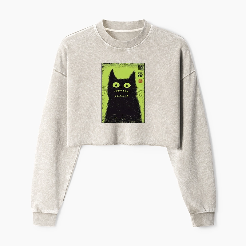 Tokyo-Tiger Spooky Black Cat Japanese Washed Crop Sweatshirt