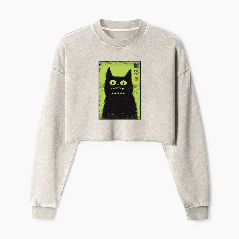 Tokyo-Tiger Spooky Black Cat Japanese Washed Crop Sweatshirt
