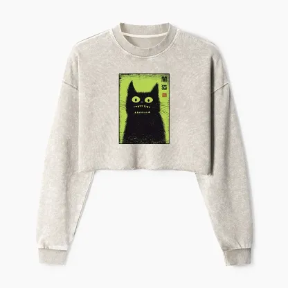 Tokyo-Tiger Spooky Black Cat Japanese Washed Crop Sweatshirt