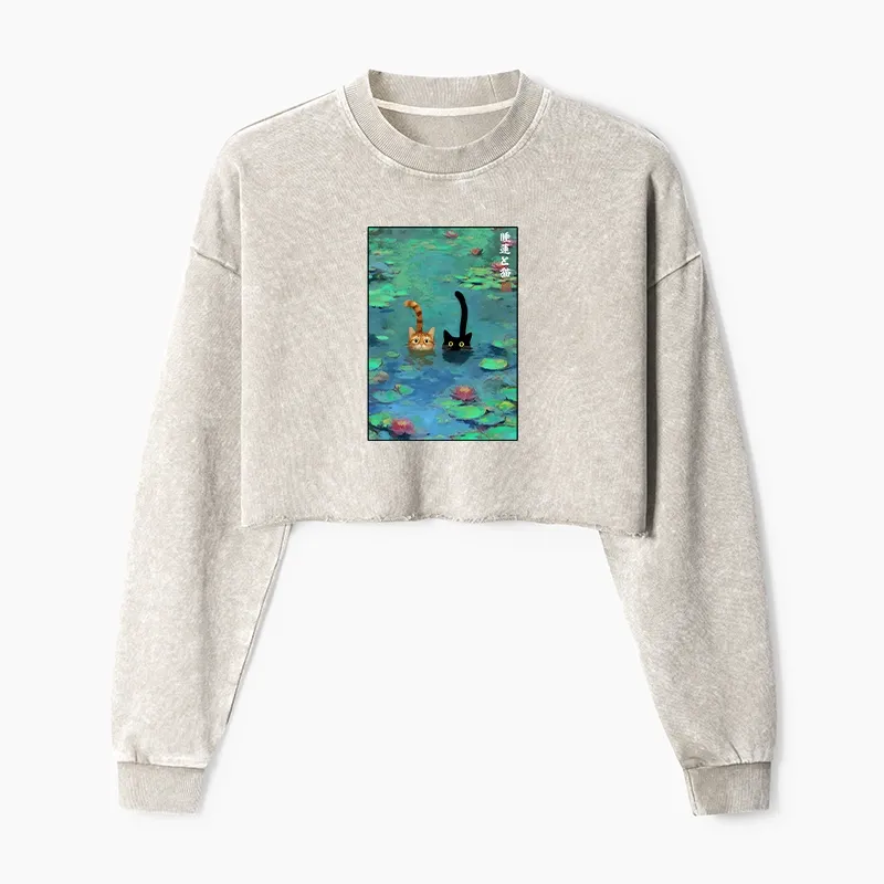 Tokyo-Tiger Funny Cats Swimming In Lilies Washed Crop Sweatshirt