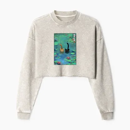 Tokyo-Tiger Funny Cats Swimming In Lilies Washed Crop Sweatshirt