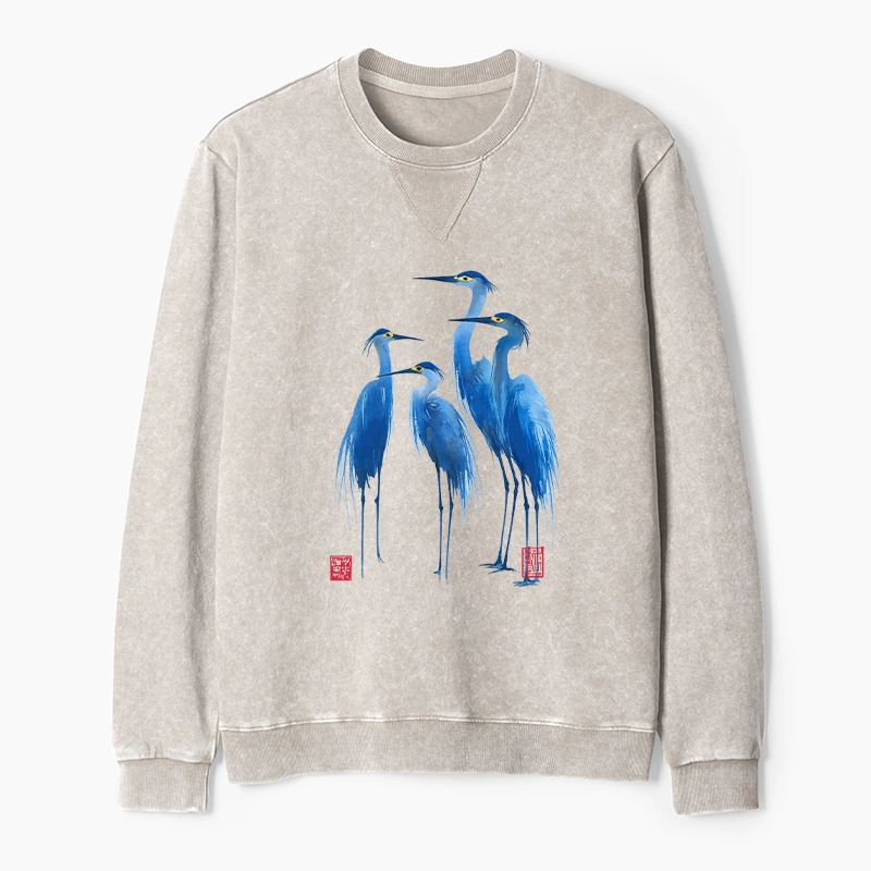 Tokyo-Tiger Flocks Of Great Blue Herons Washed Terry Sweatshirt