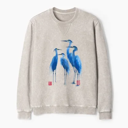 Tokyo-Tiger Flocks Of Great Blue Herons Washed Terry Sweatshirt