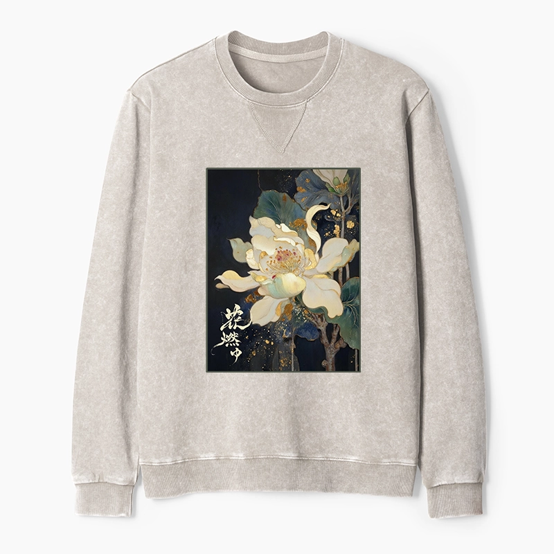 Tokyo-Tiger Lotus Adorned With Golden Specks Washed Terry Sweatshirt