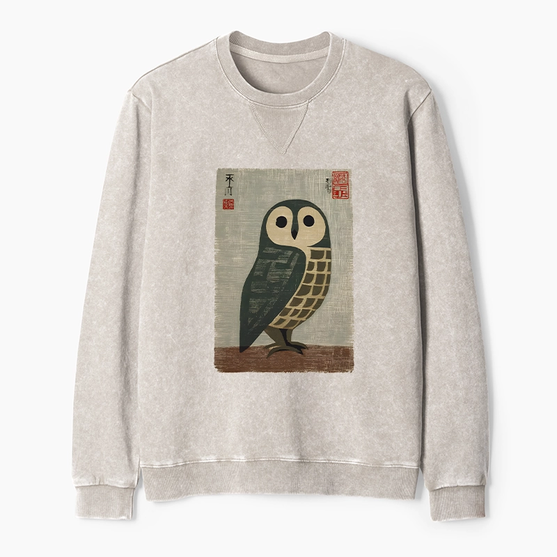 Tokyo-Tiger Traditional Owl In Japanese Art Washed Terry Sweatshirt