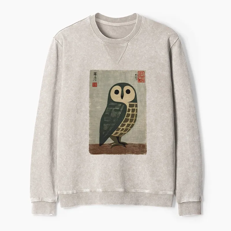 Tokyo-Tiger Traditional Owl In Japanese Art Washed Terry Sweatshirt