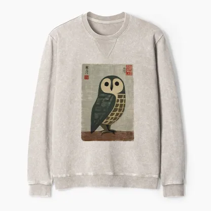 Tokyo-Tiger Traditional Owl In Japanese Art Washed Terry Sweatshirt