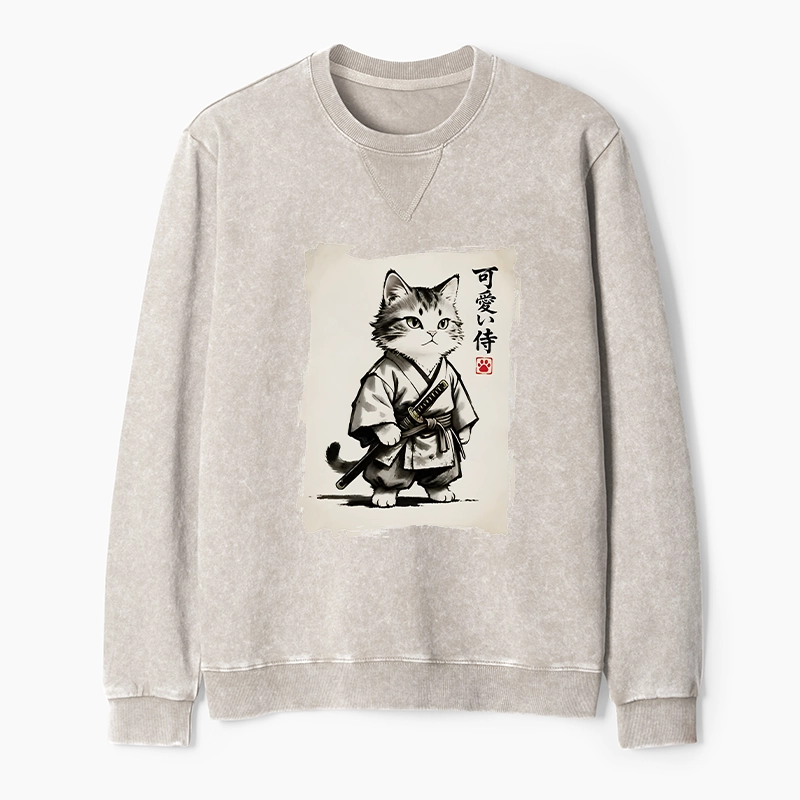 Tokyo-Tiger Japanese Samurai Cat Illustration Washed Terry Sweatshirt