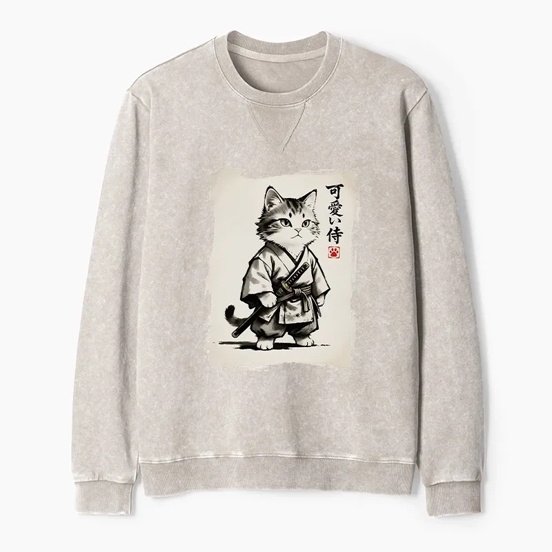 Tokyo-Tiger Japanese Samurai Cat Illustration Washed Terry Sweatshirt