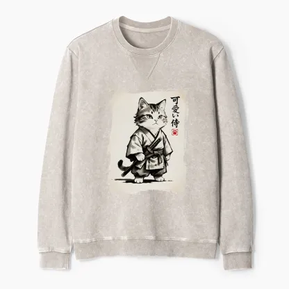 Tokyo-Tiger Japanese Samurai Cat Illustration Washed Terry Sweatshirt