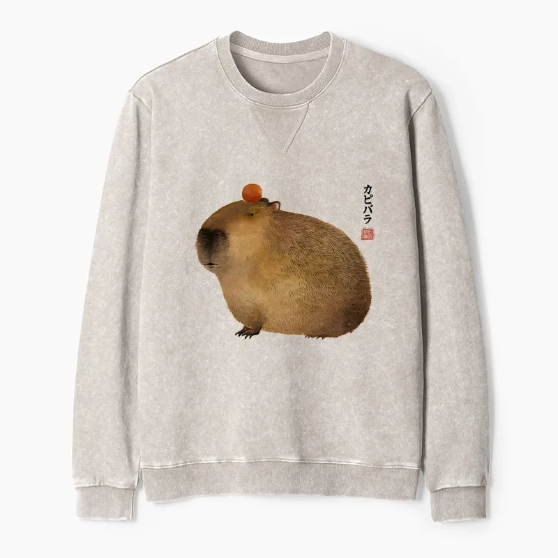 Tokyo-Tiger Calm Capybara Illustration Washed Terry Sweatshirt Sale