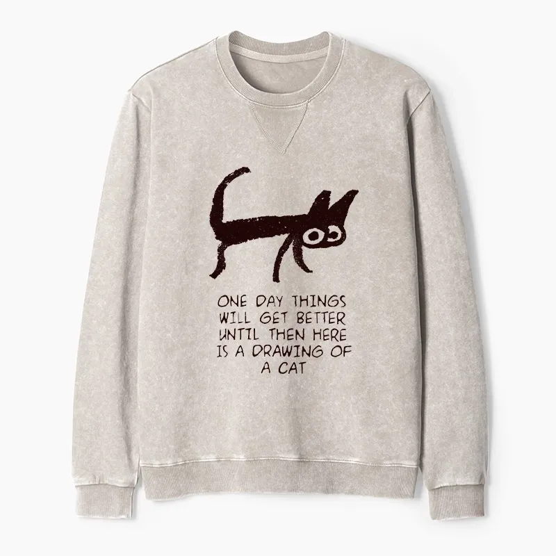 Tokyo-Tiger Cat Cheer Up Drawing Washed Terry Sweatshirt Sale