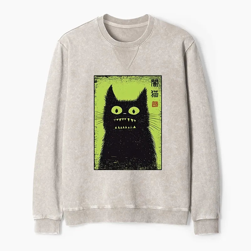 Tokyo-Tiger Spooky Black Cat Japanese Washed Terry Sweatshirt Sale