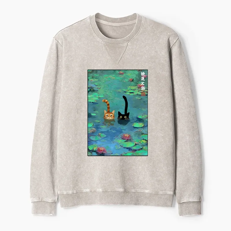 Tokyo-Tiger Funny Cats Swimming In Lilies Washed Terry Sweatshirt