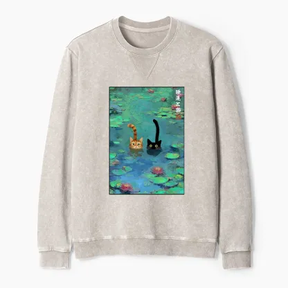 Tokyo-Tiger Funny Cats Swimming In Lilies Washed Terry Sweatshirt