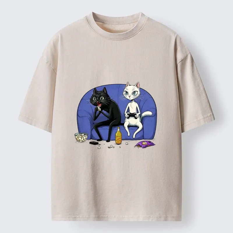 Tokyo-Tiger Two Cats One Couch Endless Fun Washed T-Shirt Sale