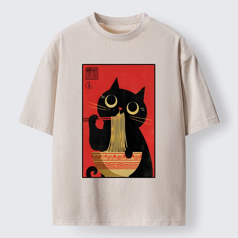 Tokyo-Tiger Cat Eats Ramen Like A Pro Washed T-Shirt