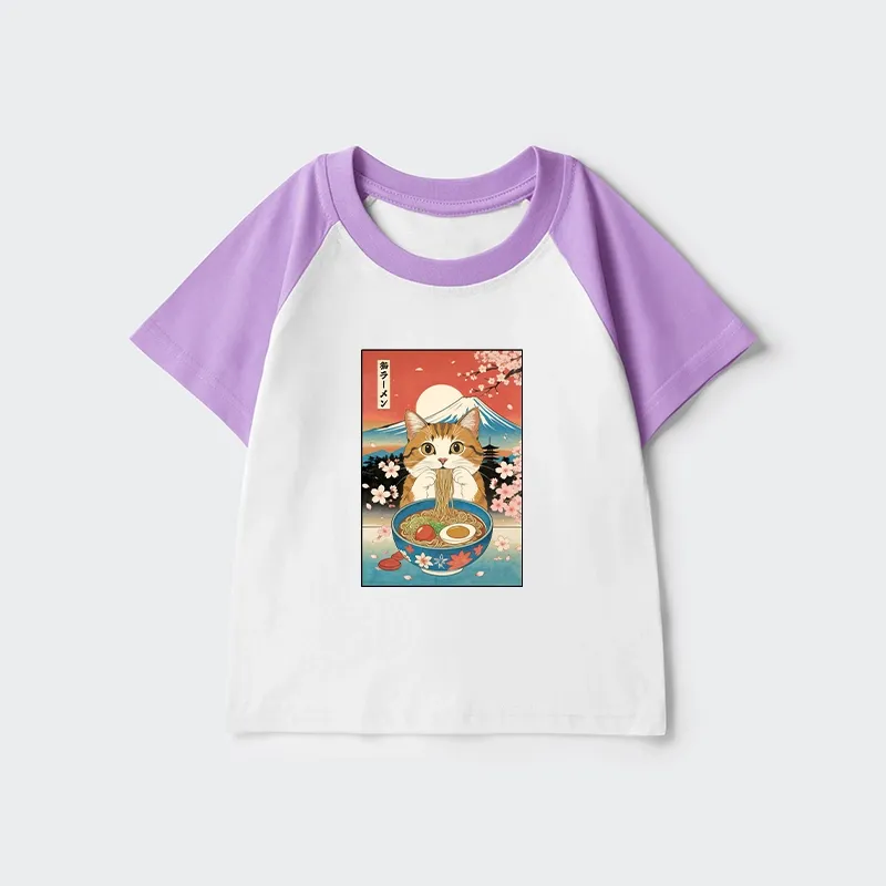 Tokyo-Tiger Funny Orange Cat Eating Ramen Japan Kids Raglan T-shirt