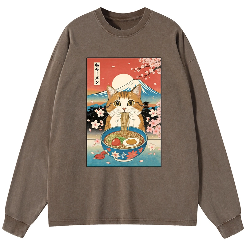 Tokyo-Tiger Funny Orange Cat Eating Ramen Japan Washed Long Sleeve T-Shirt