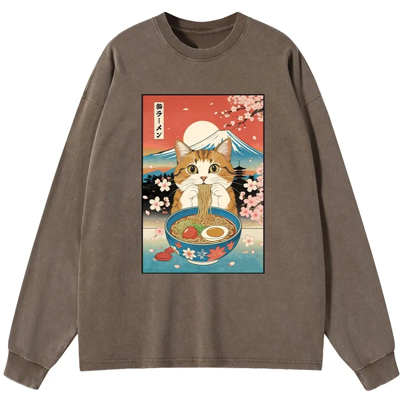 Tokyo-Tiger Funny Orange Cat Eating Ramen Japan Washed Long Sleeve T-Shirt