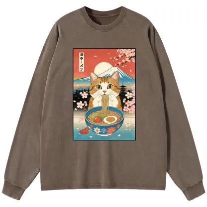 Tokyo-Tiger Funny Orange Cat Eating Ramen Japan Washed Long Sleeve T-Shirt