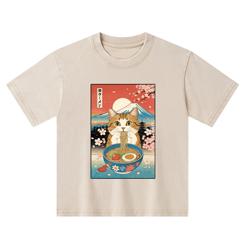 Tokyo-Tiger Funny Orange Cat Eating Ramen Japan Kids Washed T-Shirt