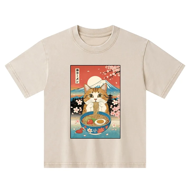 Tokyo-Tiger Funny Orange Cat Eating Ramen Japan Kids Washed T-Shirt Sale