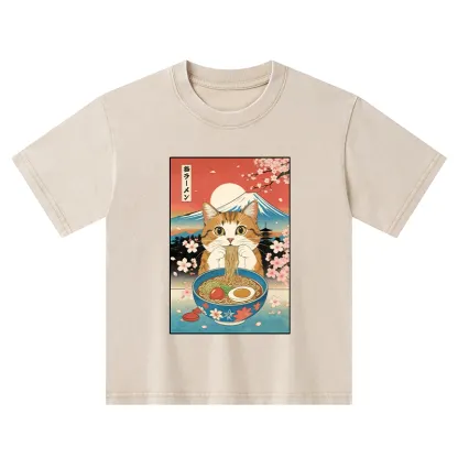 Tokyo-Tiger Funny Orange Cat Eating Ramen Japan Kids Washed T-Shirt