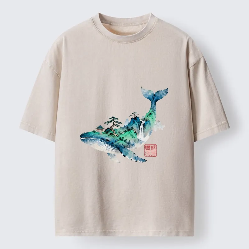 Tokyo-Tiger Whale Ink Painting Landscape Washed T-Shirt
