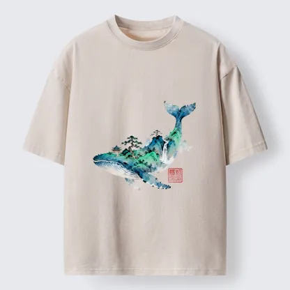 Tokyo-Tiger Whale Ink Painting Landscape Washed T-Shirt