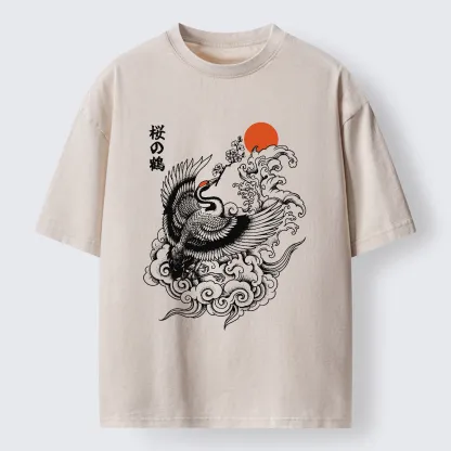 Tokyo-Tiger Sakura Crane In Flight Washed T-Shirt