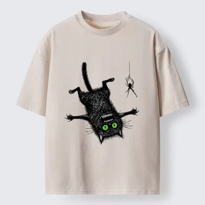 Tokyo-Tiger Scared Cat Vs Spider Prank Washed T-Shirt